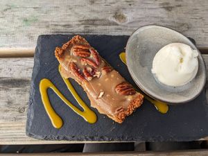 Pecan pie with lemon sorbet at Aan de Rijn in Leiden