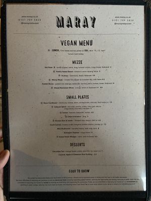 Vegan menu at Maray - Dockside in Liverpool