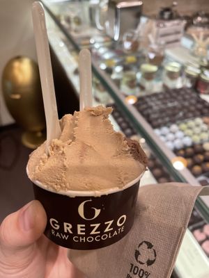 One scoop of hazelnut (super delicious), and one of chocolate hazelnut    at Grezzo Raw Chocolate in Rome