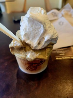 Pistachio gelato with vegan panacotta at Grezzo Raw Chocolate in Rome