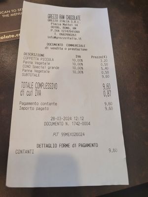 Price of small gelato in tub and large gelato in cone at Grezzo Raw Chocolate in Rome