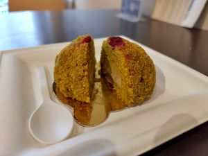 Lemon cake dessert with cashew cream inside at Grezzo Raw Chocolate in Rome