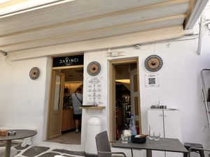 Entrance - water front, shaded seating.   at DaVinci Gelato in Mykonos