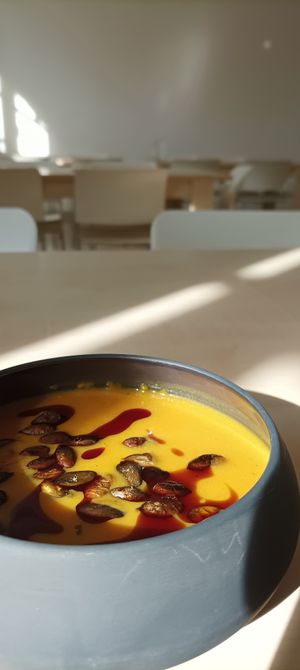 Pumpkin cream soup with some twist, loved the texture, the color and also the taste at The Planteen in Budapest