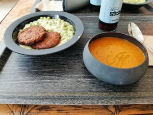 Red lentil soup and green peas stew with red lentil loaf at The Planteen in Budapest