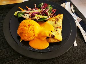 "Hortobágyi" Hungarian stuffed crêpe with paprika sauce and mashed potatoes at The Planteen in Budapest