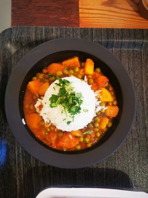 Aloo Matar, curry with potatoes and green peas, jasmine rice at The Planteen in Budapest