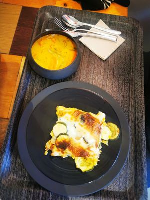 Layered zucchini with mint and tom yum soup at The Planteen in Budapest