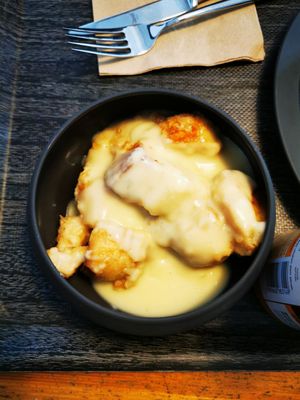 Hungarian peanut bread pudding with vanilla sauce at The Planteen in Budapest