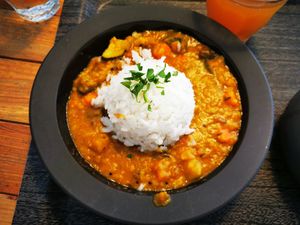 Sambar (South Indian stew with lentils and mixed vegetables) with jasmine rice at The Planteen in Budapest