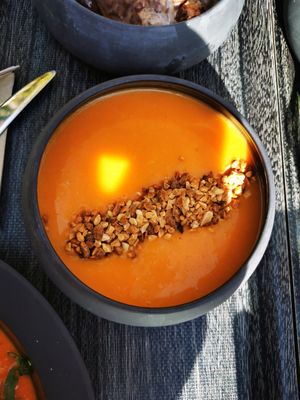 Sweet potato cream soup with ginger and roasted peanuts at The Planteen in Budapest