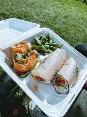 Teriyaki tater sushi roll bento box with edamame and inari pocket  at Little Bento Box in Worcester
