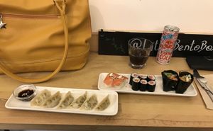 Saturday Special of 2x sesame tuno nigiri, 2x spicy tuno gunkan, and 6x zalmon maki, with a portion of gyoza    at Little Bento Box in Worcester