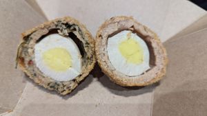 Two of the three kinds of Scotch eggs at Little Bento Box in Worcester