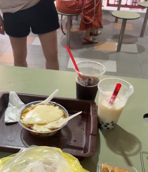 bean curd with palm sugar, pearl soy drink and grass jelly drink   at Rochor Soya Bean in Central Singapore