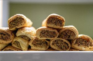 Freshly made vegan sausage rolls at The London Feel Good Hub Vegan Cafe in East London