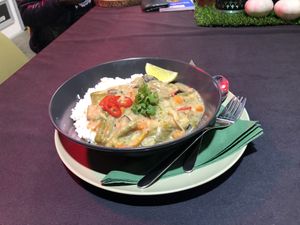 Thai green curry and rice at The London Feel Good Hub Vegan Cafe in East London