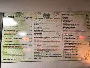 Cafe style menu   at The London Feel Good Hub Vegan Cafe in East London