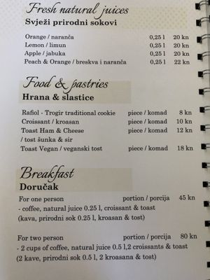 Price List at Tinel Speciality Coffee Shop in Trogir