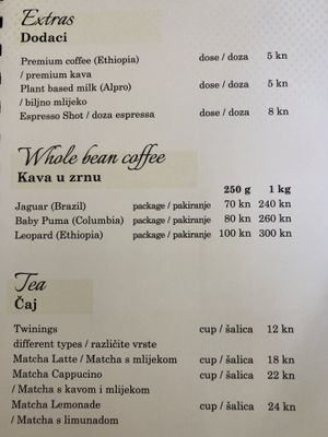 Price List  at Tinel Speciality Coffee Shop in Trogir