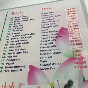 Drinks menu at Ngoc Chi in Da Nang