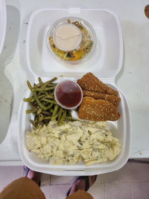 Dinner or lunch (battered tofu potatoes salad and string beans with a small salad at Tasty Vegan - Tivoni Taim - טבעוני טעים in Dimona