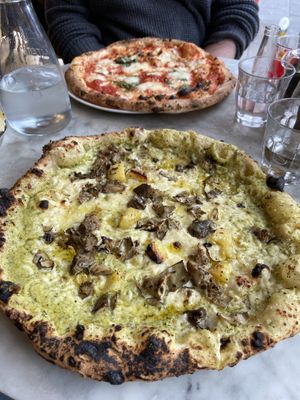 Vegan special of the month: courgette and mint purée, vegan cheese, roasted artichokes, roasted rosemary potatoes, lemon oil. DELICIOUS  at Rudy's Neapolitan Pizza in Liverpool