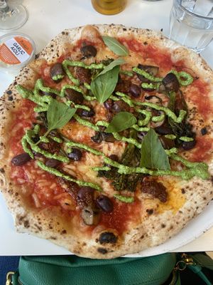 Vegetarian special of the month with vegan cheese - vegan nduja, mushrooms, pesto, olives   at Rudy's Neapolitan Pizza in Liverpool