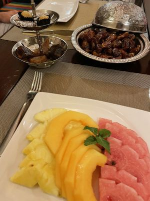 Dessert, dates and fruit platter  at Bait Al Luban in Muscat