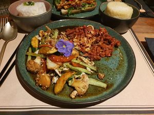 Planted pork and styr fry vegetables at Co Chin Chin Brasserie in Zurich