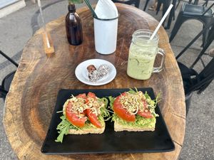 Avocado toast, date balls, and matcha latte   at ONO in Puerto Vallarta