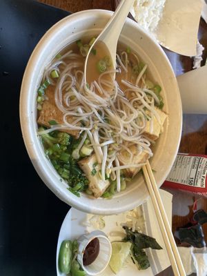 Vegetarian broth with broccoli, snow peas, and 2x tofu    at Pho Yum in Albany
