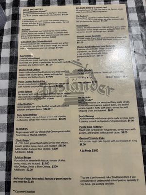 Menu  at The Auslander in Fredericksburg
