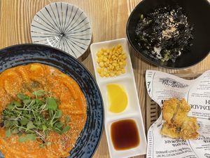 Tteobokki- side dishes - mushrooms - seaweed  at Cow Tteokbokki  in Seoul