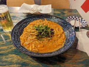 Rose tteokbokki with added mushrooms. at Cow Tteokbokki  in Seoul