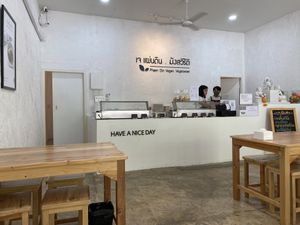 counter with prepped food  at Phaen Din Vegan Vegetarian - เจแผ่นดิน มังสวิรัติ in Chiang Mai