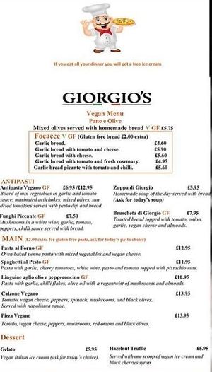 Vegan menu at Giorgio's Italian in Chesterfield