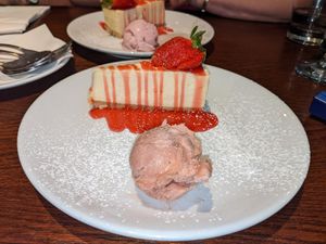 Vegan cheesecake with strawberry ice cream at Giorgio's Italian in Chesterfield