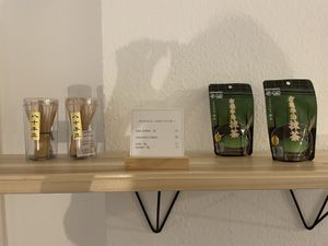 The matcha and matcha whisks for sale in the shop  at Sakura in Berlin