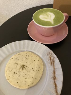 Rosemary lemon cookie & matcha latte  at Sakura in Berlin