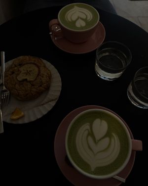 Matcha latte and vegan apple scone   at Sakura in Berlin