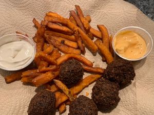 Sweet potato fries with awesome sauces at Shouk in Rockville