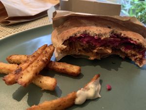 BBQ jackfruit and shouk fries to go  at Shouk in Rockville