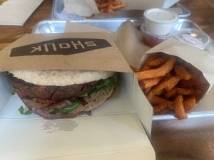 Shouk Burger and Sweet Potato Fries!   at Shouk in Rockville