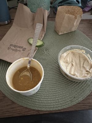 What’s left of the lentil soup, hummus and cucumbers  at Shouk in Rockville