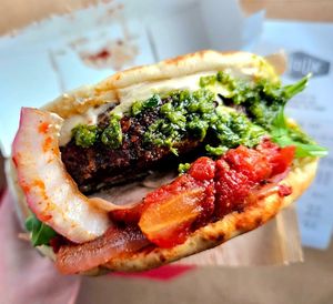 Shouk burger with Schug sauce at Shouk in Rockville