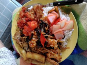 Sweet and sour chicken, Szechuan chicken, rice and noodles (May 2022) at Wawin Vegan Chinese in York