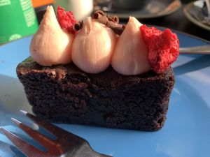 Raspberry & choc brownie at Notea in North London