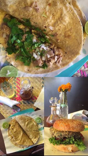 Tacos de setas, hamburguesas de lentejas. at Los Muchitos Comida Vegana in Oaxaca