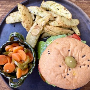 lentil burger   at Los Muchitos Comida Vegana in Oaxaca